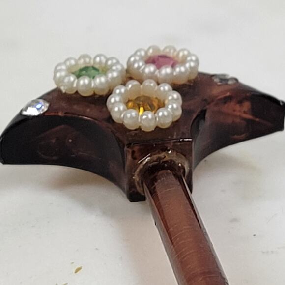 Vintage Bakelite Hair Stick 6" Brown Rhinestones Pearls - Picture 12 of 12